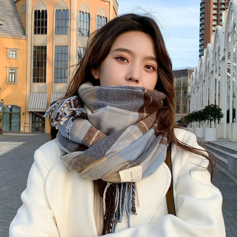 Scarf Female Winter Korean Version of Everything with British Classic Checker Thickened Students Autumn Winter Male Neck Warm Lo