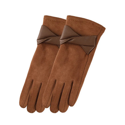 Autumn Winter Women Fashion Elegant Suede Keep Warm Touch Screen Thin Fleece Bow Cute Gloves Drive Cycling Windproof