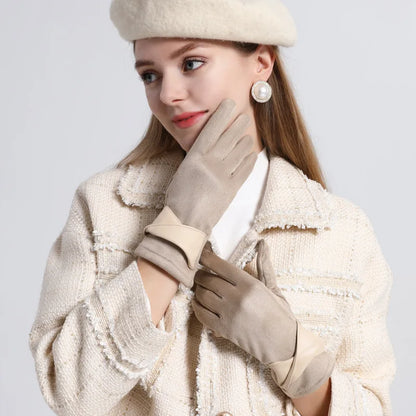 Autumn Winter Women Fashion Elegant Suede Keep Warm Touch Screen Thin Fleece Bow Cute Gloves Drive Cycling Windproof