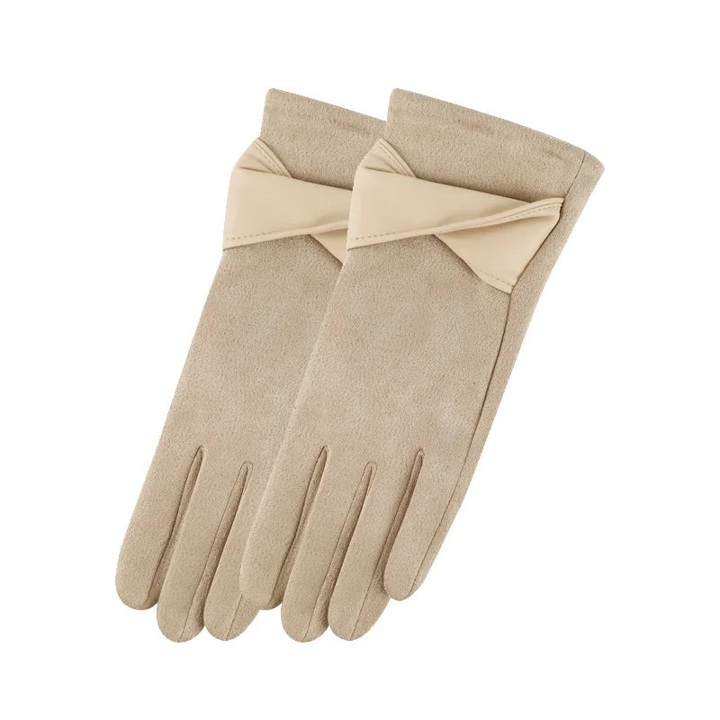 Autumn Winter Women Fashion Elegant Suede Keep Warm Touch Screen Thin Fleece Bow Cute Gloves Drive Cycling Windproof