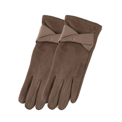 Autumn Winter Women Fashion Elegant Suede Keep Warm Touch Screen Thin Fleece Bow Cute Gloves Drive Cycling Windproof